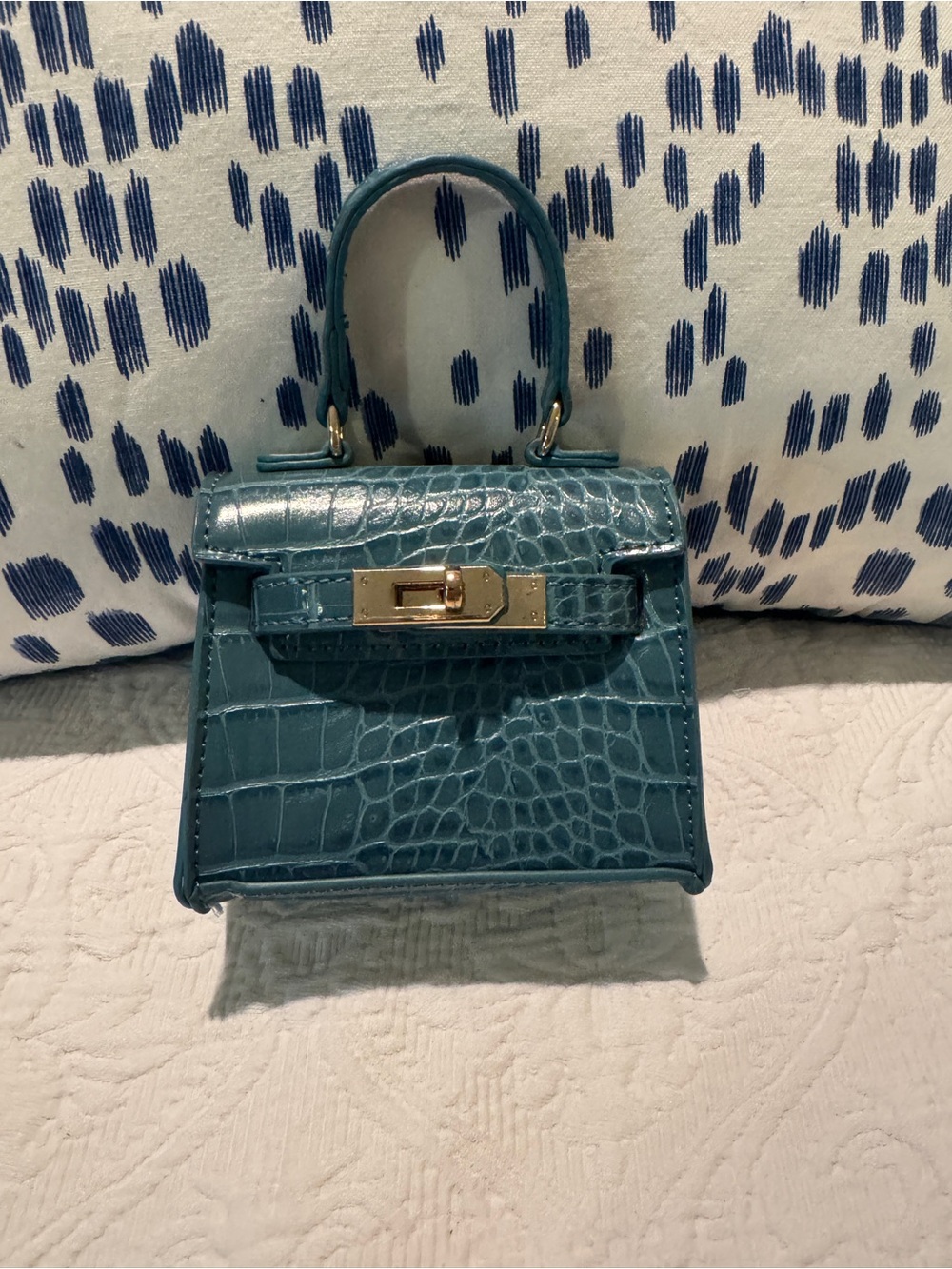 Teal blue Croc-Embossed Mini Top-Handle Bag with Gold Hardware